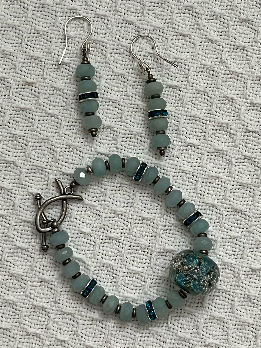 Handmade Aqua Bead Bracelet & Earring Set Rhinestone